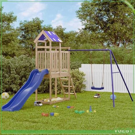 Aire de jeux d'extérieur - 3279078 - Bois de pin imprégné - Toboggan ondulé bleu - Balançoire incluse (1/5)