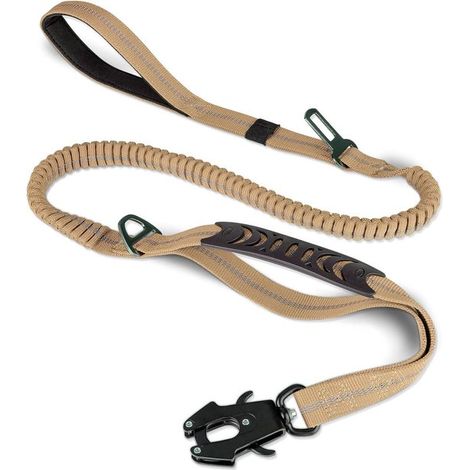 Laisse tactique ultra-résistante pour chien - Sangles élastiques absorbant les chocs - 2 poignées rembourrées - Mousqueton en métal - Fixation pour ceinture de sécurité - Sangles anti-traction - Convi