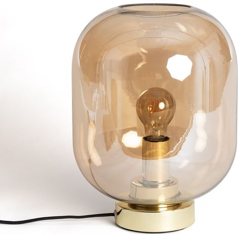 Ledkia – Lampe à poser métal et verre Nélida – Abat-jour cylindrique en verre ambré – Socle métal or – Compatible ampoule E27