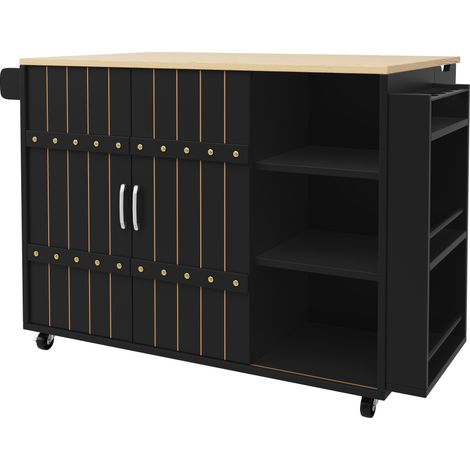 Isola cucina nera in MDF 110 x 42 x 90 cm con porte scorrevoli, cassetti e ruote (1/5)