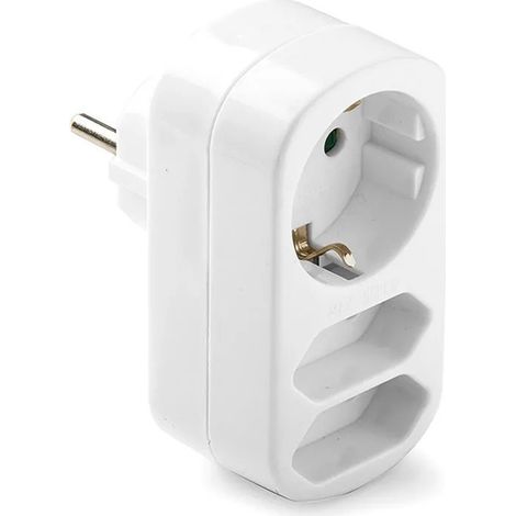 Adaptador triple mixto: 2 x 2p 10a y schuko 2p+t 16a 250 v, blanco, retractilado