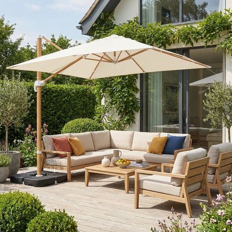 Parasol déporté rectangulaire 3x4m effet bois + dalles à lester 50x50cm écru - Wimereux + Fixeo