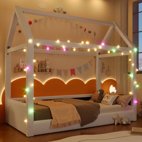Lit cabane 90x200 cm, lit enfant avec bandes lumineuses LED, sommier à lattes, sans matelas, beige