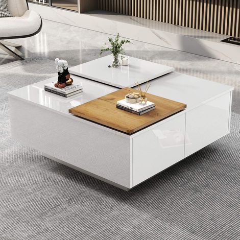 Table basse carrée blanche 75 x 75 x 33,5 cm, 4 tiroirs cachés, plateaux coulissants, finition brillante et décor bois (1/5)