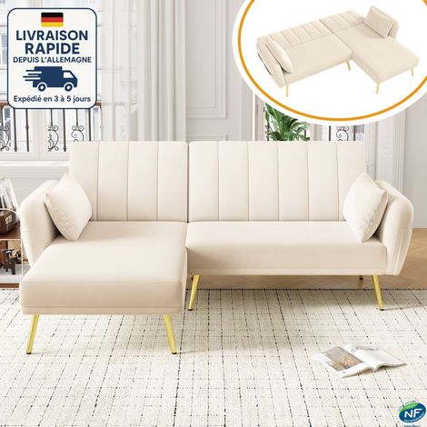 MODFU - Divano letto 3 posti con schienale regolabile in 3 posizioni, divano angolare a L, adatto per soggiorno/camera da letto, velluto, beige (1/5)