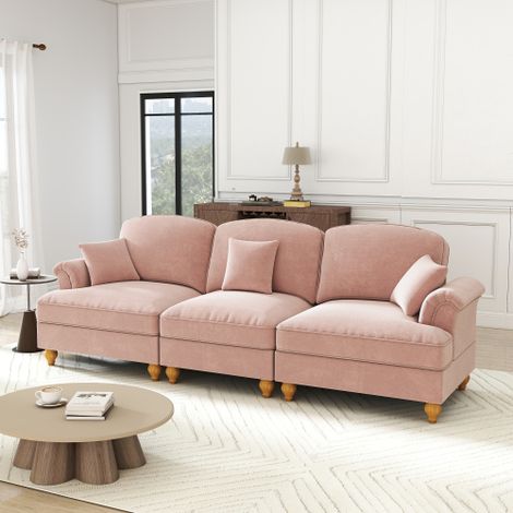 Elegantes Mid-Century 3-Sitzer Sofa aus Chenille mit Trichter-Armlehnen, abnehmbarer Rüschenschürze & spindelförmigen Beinen – Komfortables Sofa fürs Wohnzimmer,rosa 
WL