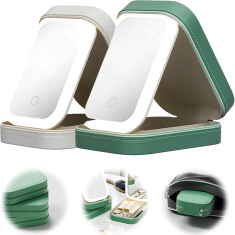 2 Stück wiederaufladbarer Make-up-Spiegel mit Lichtern, dreifarbiger verstellbarer LED-Make-up-Spiegel, Aufbewahrungsbox, Weiß + Grün