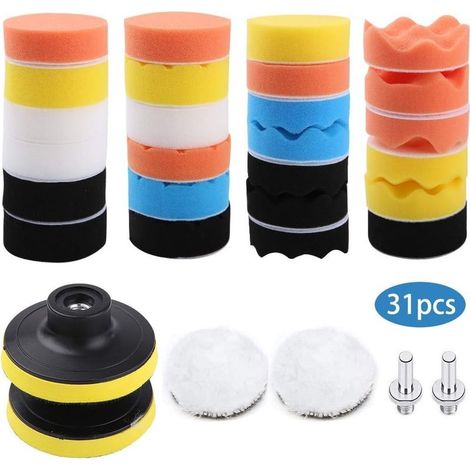 Tampon de Polissage,31 Kit de Polissage,lustrage,éponge Polissage,Laine De Polissage Cirage,avec Adaptateur M10,pour polisseuse de Voiture (1/5)