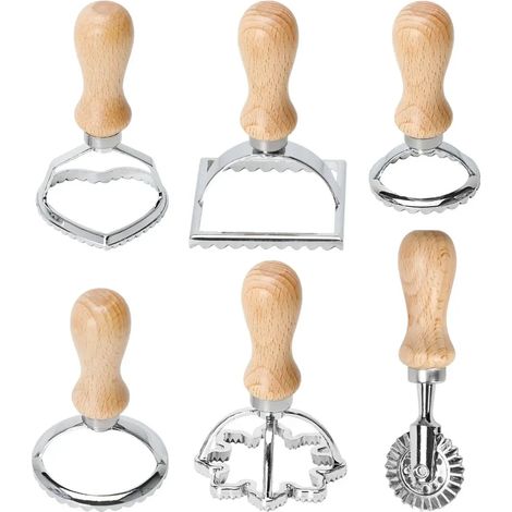 Ensemble de 6 moules à pâtes avec poignée en bois de qualité supérieure, presse à biscuits durable, emporte-pièce pour raviolis avec rouleau, accessoire de cuisine