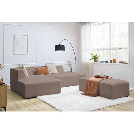BOBOCHIC - Canapé d'angle fixe modulable MEGEVE tissu bouclette avec pouf Angle gauche  Marron (1/5)