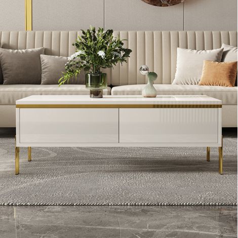Table basse 100x50x36 cm blanche en panneau de particules avec rangements et finition brillante (1/5)