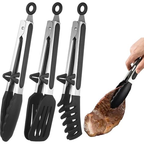 Silicone Kitchen Tongs Set of 3, 27cm with Stand, Reversible Tongs, Roasting Tongs, Meat Tongs, Cooking Tongs, BBQ Tongs, with Scald Protection, for Kitchen Cooking (1/5)