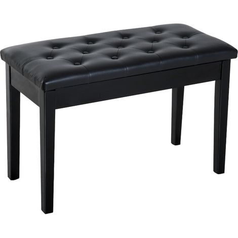 Banquette tabouret siège pour piano avec coffre de rangement pied bois caoutchouc assise capitonnée revêtement synthétique noir (1/5)
