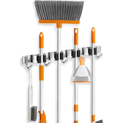 Estante de metal resistente para herramientas con 4 ranuras y 5 ganchos,almacenamiento de herramientas escobas y fregonas montado en la pared,plateado (1/4)