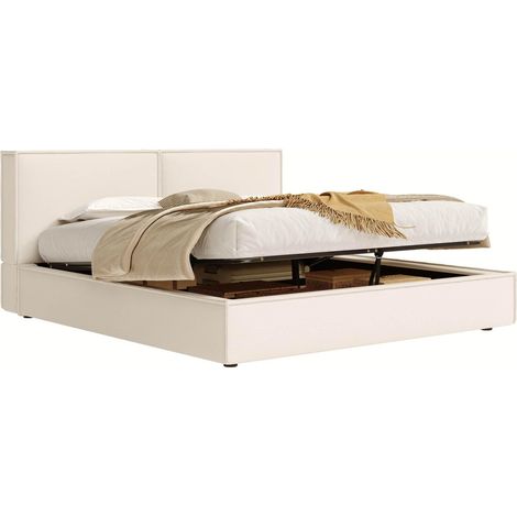 Letto contenitore ribaltabile 180 x 200 cm con rete, testiera imbottita, lino beige HAVRYA (1/5)