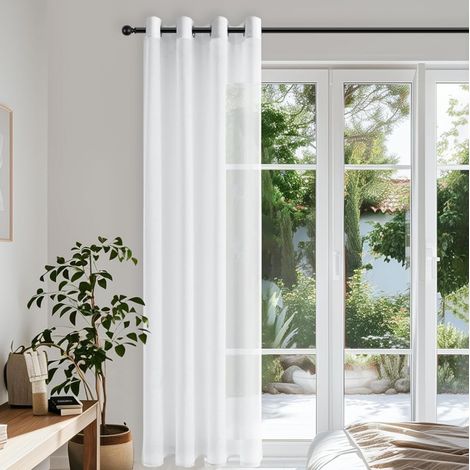 Rideaux semi-transparents en faux lin texturé pour la chambre (1 pièce), 132 x 241 cm (largeur x longueur), blanc. (1/5)