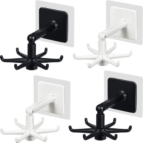 Set mit 4 selbstklebenden, um 360° drehbaren, klappbaren Haken – 180° vertikal neigbar, wasserfest, für Haushalt, Bad und Küche
