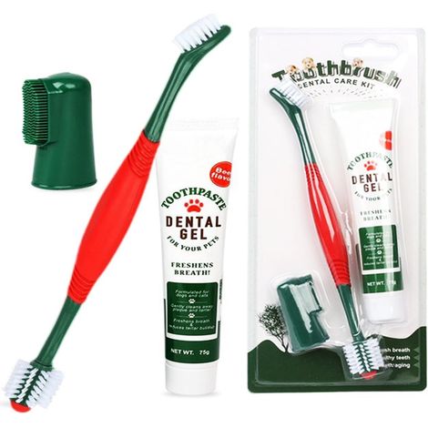 Brosse à dents chien, kit hygiène bucco-dentaire canin, manche long, lot de 3 avec 2 têtes, dentifrice chien et brosse massage anti-tartre et mauvaise haleine (1/5)