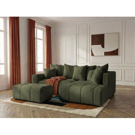 BOBOCHIC - Canapé d'angle L convertible coffre ROXELANE tissu chiné avec pouf Angle droit  Vert (1/4)