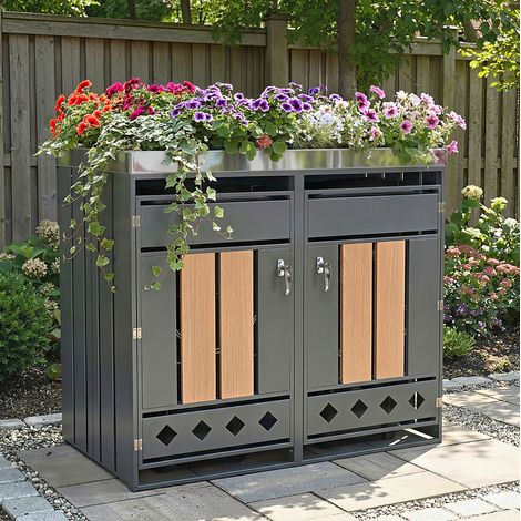 Cache-poubelles 132x80x124,5 cm en acier gris, bac à plantes, gain de place – MEUBLIV (1/5)