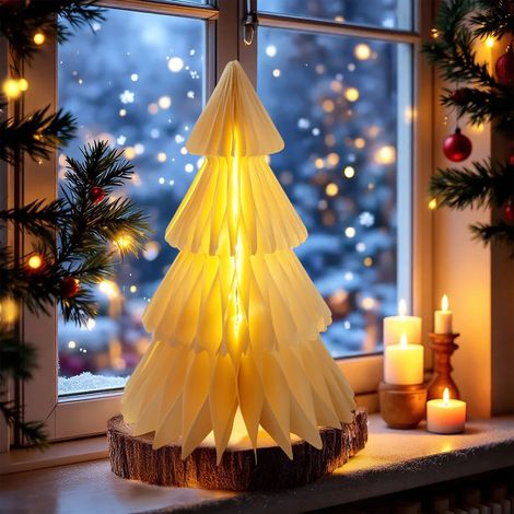 Papier Tannenbaum mit LED Beleuchtung warm weiß - 30 cm - Dekofigur Weihnachtsbaum faltbar Batterie betrieben
