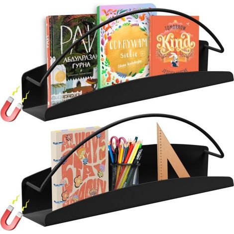 Lot de 2 Porte-Documents Magnétiques, Rangement de Fournitures de Bureau Etagere Murale Sans Percage, pour Livres, Disque Vinyle, Photo, Décoratif (30 5.6 11.6cm) (Noir) (1/5)