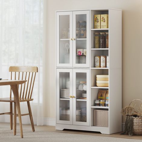 Buffet haut vaisselier vitrine blanc avec 4 portes en verre trempé à fermeture amortie et étagères réglables, dimensions 90 × 35 × 172 cm (1/5)
