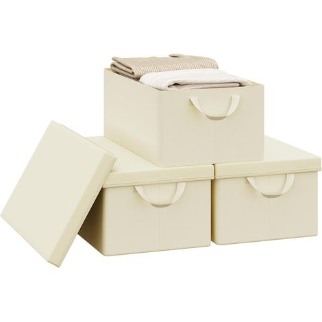 Lot de 3 Boîte de Rangement WOLTU, 48x29x20 cm, avec Couvercle, Coffre de Rangement en Tissu non Tissé, Pliable, Crème