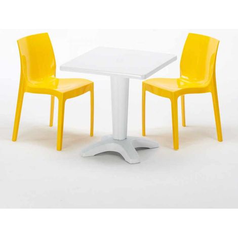 Tavolino Quadrato Bianco 70x70 cm con 2 Sedie Colorate Ice Patio - Giallo
