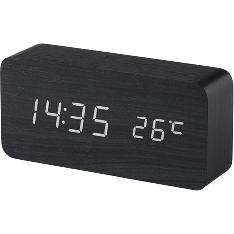 (Noir) Réveil digital en bois avec contrôle sonore par LED, alimentation double par batterie USB, horloge silencieuse en bois avec LED, décorations pour la maison (1/5)