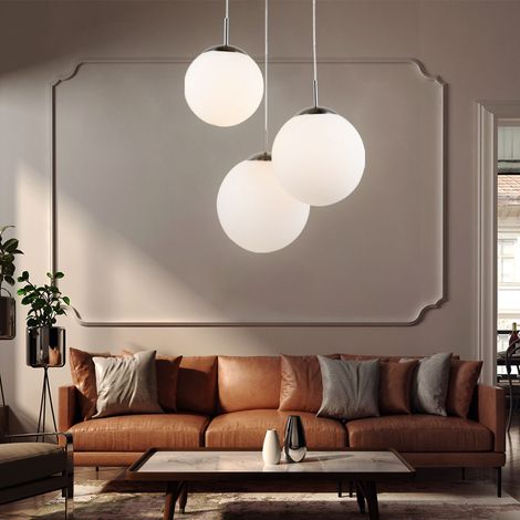 Eglo – Plafonnier suspendu en verre satiné 3 boules E27 – Nickel mat – Diamètre 51,5 cm – Hauteur 80 cm – 15813 (1/5)
