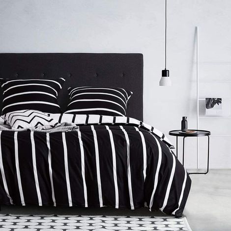 Parure de Lit Rayé King - 1 set 3 pièces 200x220cm - Microfibre Réversible Noir Blanc