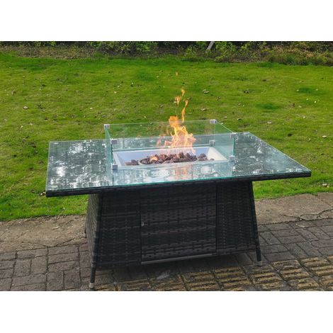Fimous Dark Grey Mixed Rattan Fire Pit Table Dining Table Gas Heater Burner Garden Furniture Accessory Patio