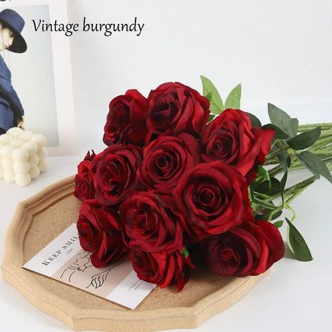 Fleurs Artificielles, 10 Pcs Simple Longue Tige Faux Fleurs De Soie Faux Rose Bouquet De Mariée Fleur Réaliste pour La Fête De Mariage Maison Décoration Centres De Table (Noir et rouge) (1/4)