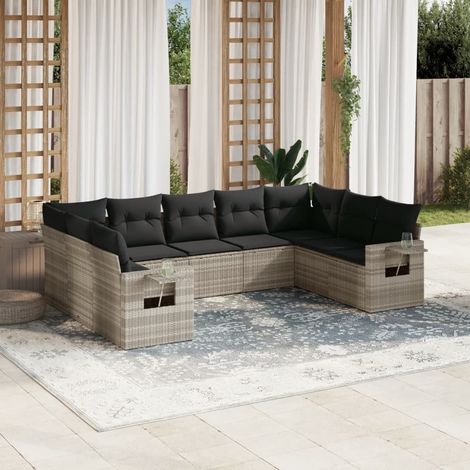 Set muebles jardín 9 pzas y cojines ratán sintético gris claro vidaXL (1/3)