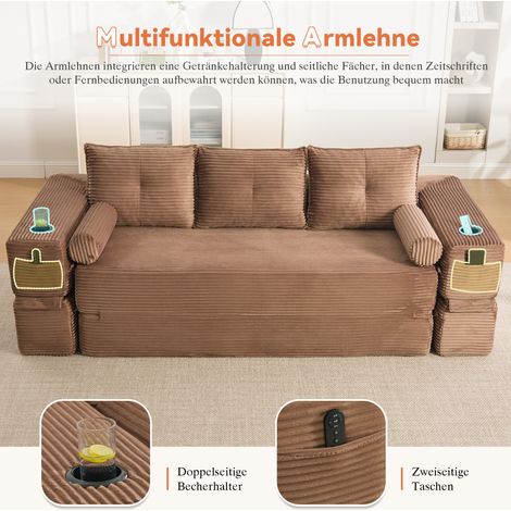Canapé-lit escamotable 3 places, mousse haute densité et ressorts, stable et confortable. Avec poches, porte-gobelets, coussin mémoire + 2 coussins décoratifs. Sous vide, montage rapide, pour salon et (1/5)