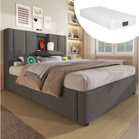 Letto contenitore 90x200 con materasso in lino grigio OKMYHOME (1/5)