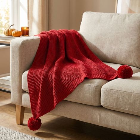 Red Soft Chenille Knit Pom-Pom Throw (1/2)