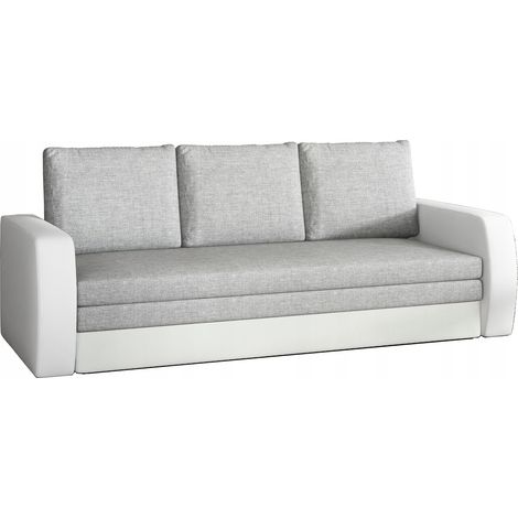 Canapé lit tissu gris clair et simili cuir blanc avec coffre de rangement Liverna 220cm (1/5)