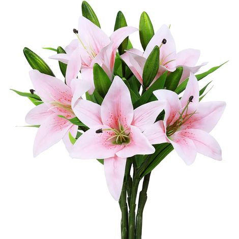 Conjunto de 5 flores de lirio artificiales, de plástico PU, realistas y flexibles, 3 tallos por ramo, ideales para decoración de bodas, hogar y jardín. (1/5)