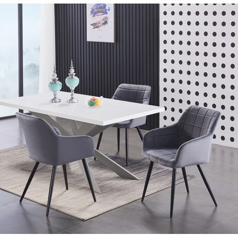 Duke LUX Camden Esszimmerset – ein weißer Esstisch aus Holz und ein Set mit 4 dunkelgrauen Esszimmerstühlen aus Samt – Esszimmer Küche