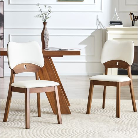 Lot de 2 chaises de salle à manger en bois, dossier papillon, assise rembourrée, tissu blanc (1/5)