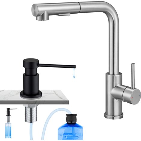 CECIPA MAX Hochdruck Ausziehbare Küchenarmatur aus gebürstetem Edelstahl + Küchenseifenspender mit 300-ML-Behälter Schwarz (1/5)