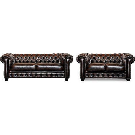 Divano Chesterfield a 3+2 posti 100% cuoio di bufalo Marrone con riflessi castani - BRENTON