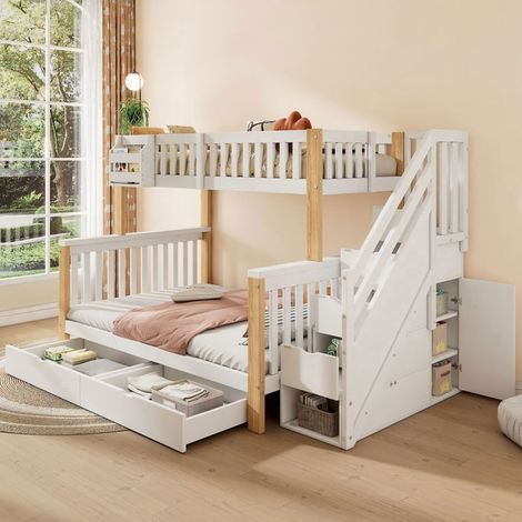 Lit Superposé 90/140x200cm - armoire & tiroir - lit Superposé Enfant - Barrière de sécurité - escalier de rangement - Blanc (1/5)
