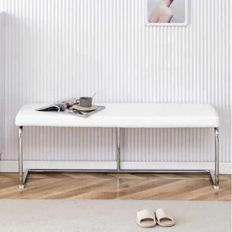 Banc rembourré blanc 130 cm en PU avec structure métallique chromée pour salon et entrée (1/5)