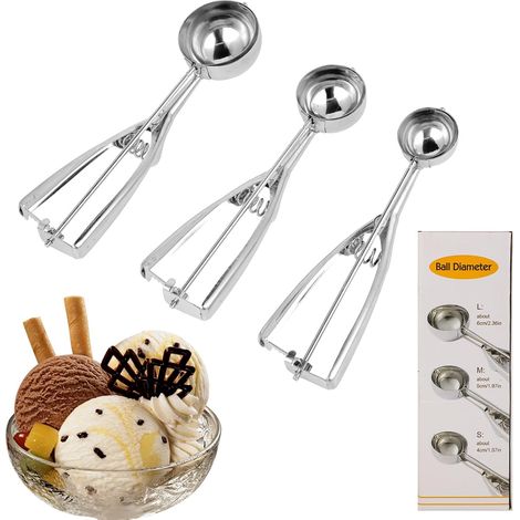 Cuillère à Glace en Acier Inoxydable, Lot de 3 Tailles,4cm/5cm/6cm – Design Robuste et Ergonomique, Idéale pour Glaces, Fruits et Pâtisserie (1/4)