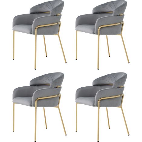 Silla de comedor de terciopelo gris, 4 unidades, patas metálicas (1/5)