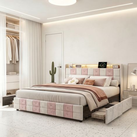 Letto contenitore 160x200 cm in velluto con cassetti, LED regolabile e USB integrato, motivo a quadri