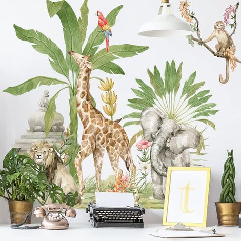 Stickers Muraux Animaux de la Jungle Autocollant Mural Forêt Palmier Tropical Feuilles Éléphant Girafe Deco Stickers Chambre Enfants Bébé Salon Décoration (1/5)